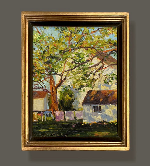 Moving Air framed oil painting featuring a house and trees. By artist Jennifer Hansen Rolli.