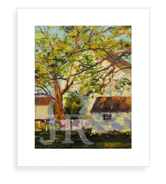 Moving Air oil painting print featuring a house and trees. By artist Jennifer Hansen Rolli.