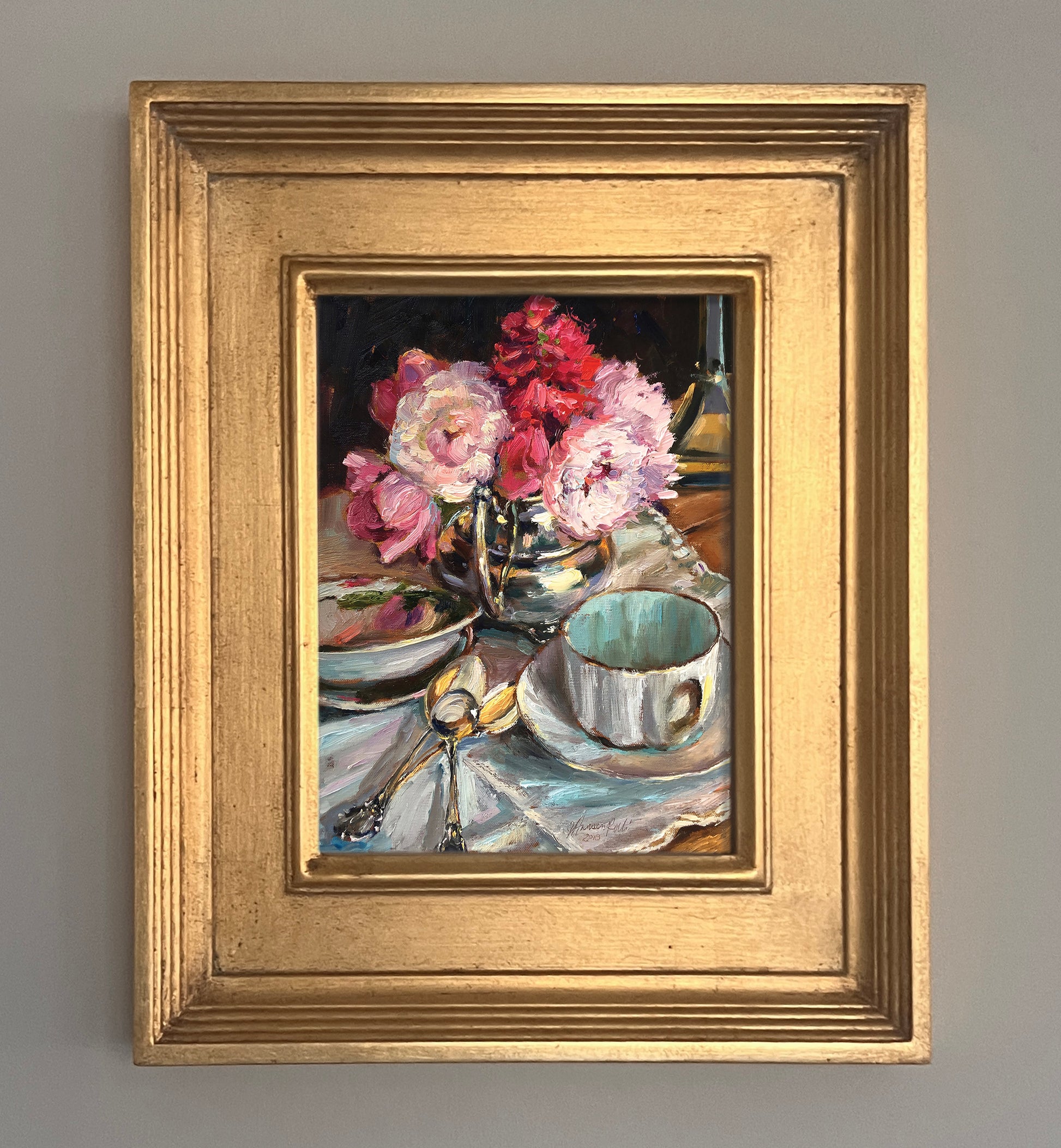 Peonies In Creamer gold framed oil painting by artist Jennifer Hansen Rolli.