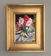 Peonies In Creamer gold framed oil painting by artist Jennifer Hansen Rolli.