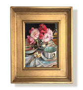 Peonies In Creamer framed oil painting by artist Jennifer Hansen Rolli.