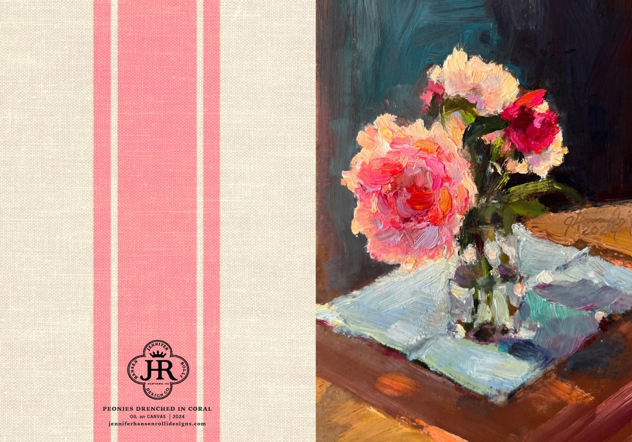 A split design featuring a left panel of textured cream fabric with two vertical coral-pink stripes and a small black monogram logo at the bottom, paired with a right panel showing an oil painting of pink and red peonies in a glass vase on a table.