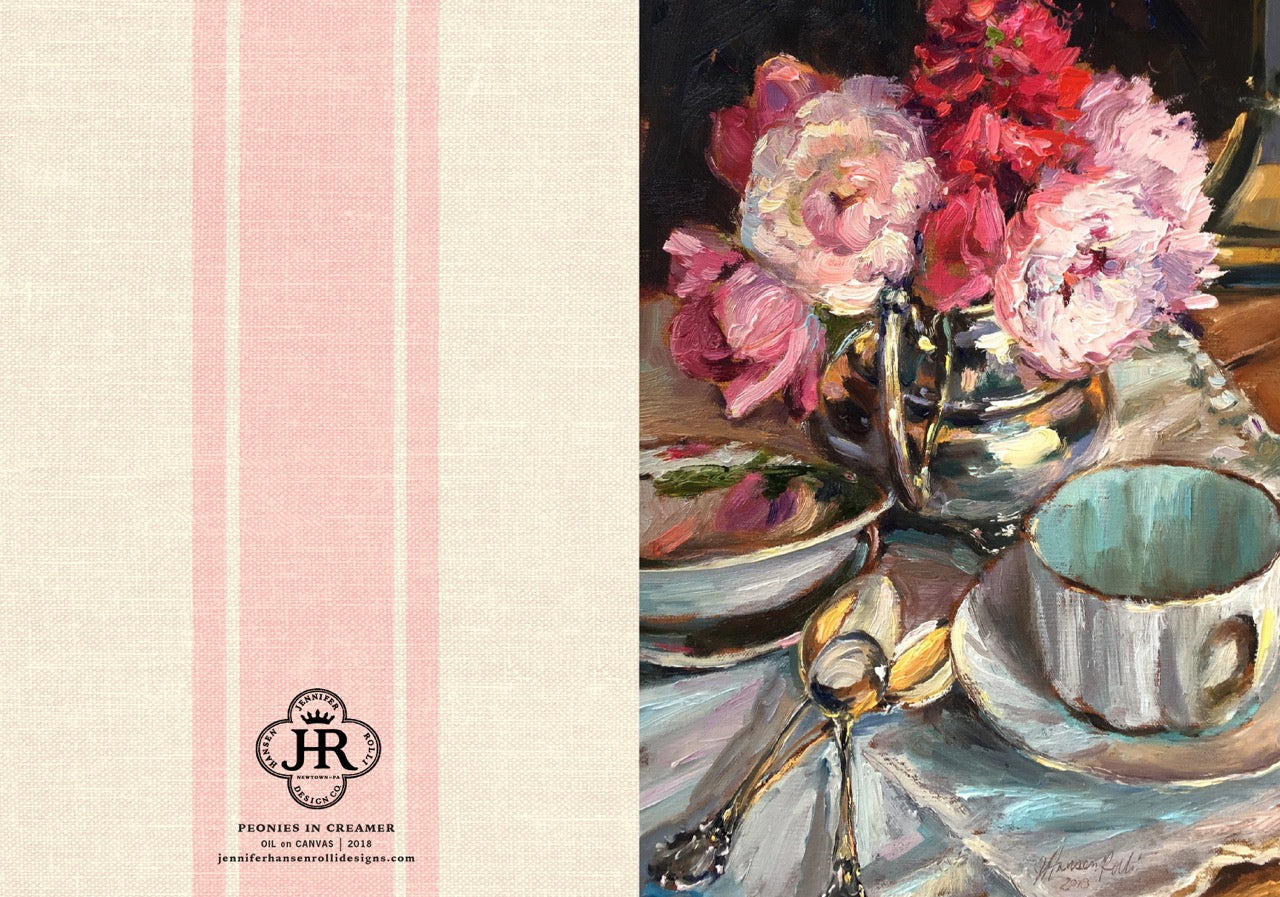 A split design featuring a cream linen-textured left panel with pink vertical stripes and a black logo reading Premier in Cream, alongside a painted still life of pink flowers in a silver pitcher and a white teacup on the right.