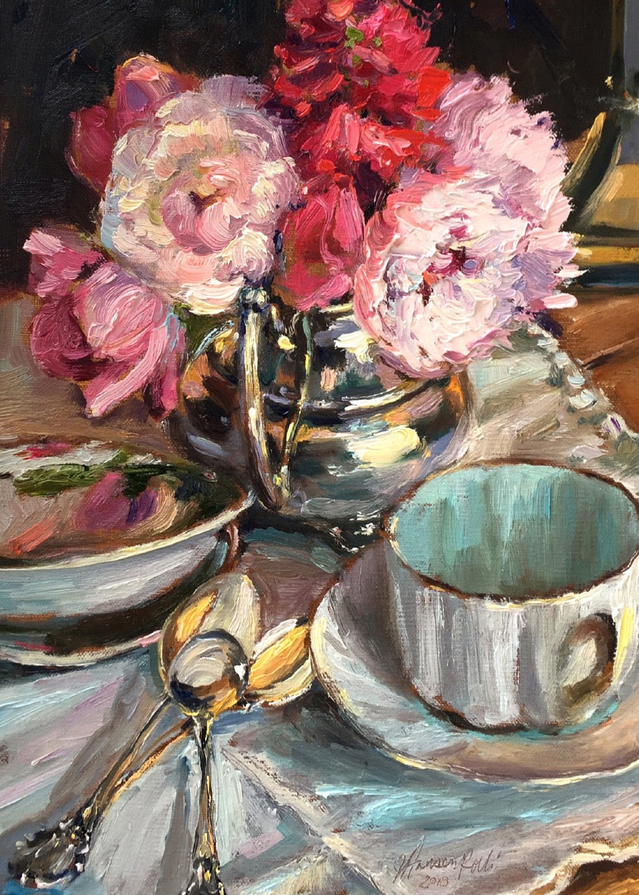 An impressionistic still life painting of pink and red flowers in a metallic vase, alongside a white teacup and saucer, spoons, and a plate on a table, rendered in painterly brushstrokes.