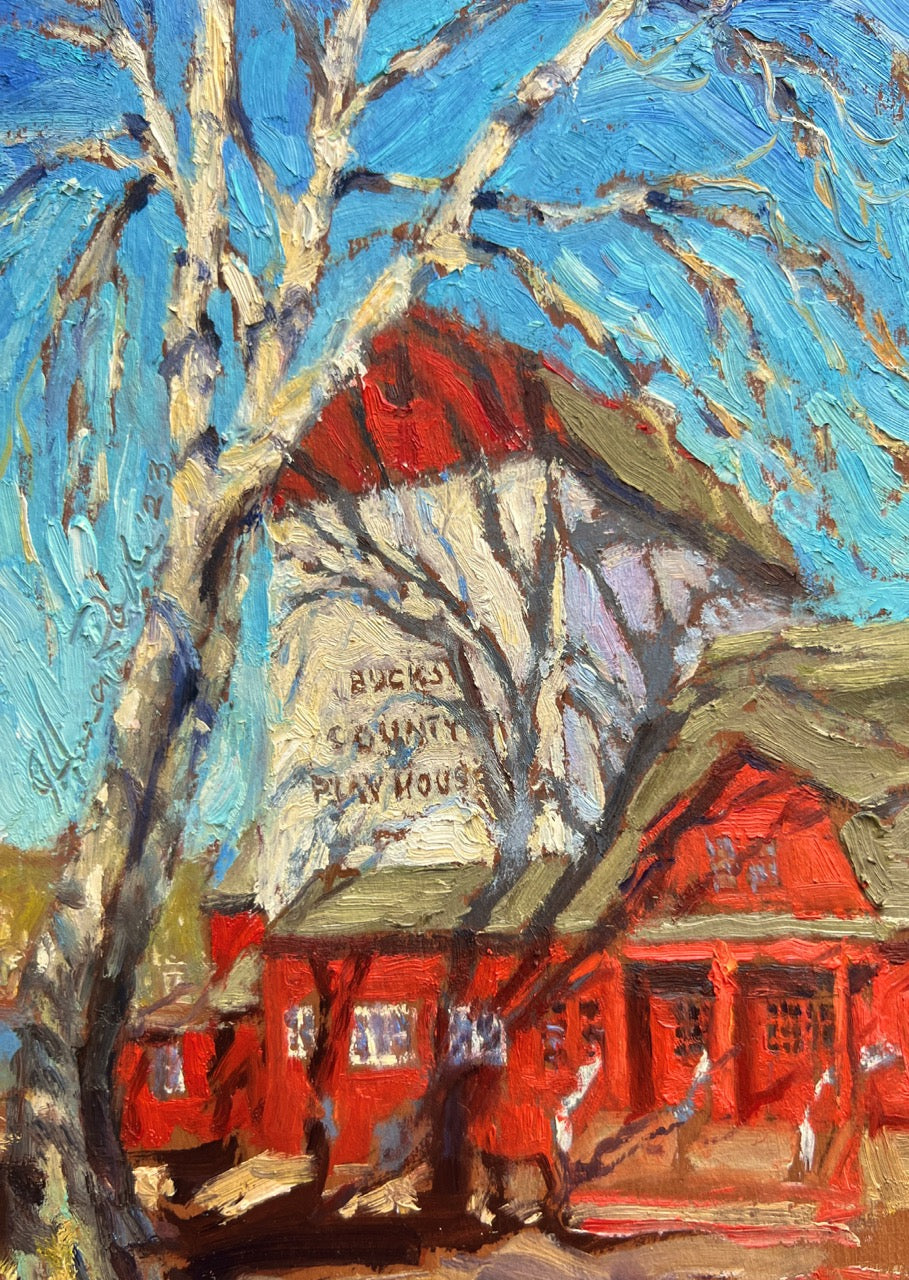 An impressionistic painting of a red barn and playhouse under a bright blue sky, with a large white-barked tree in the foreground. The painted text on the side reads 'BUCKE COUNTY PLAY HOUSE.