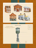 A postcard set featuring watercolor illustrations of Newtown, Pennsylvania buildings and a clock tower, shown front and back on a textured tan background with dark green vertical stripes.