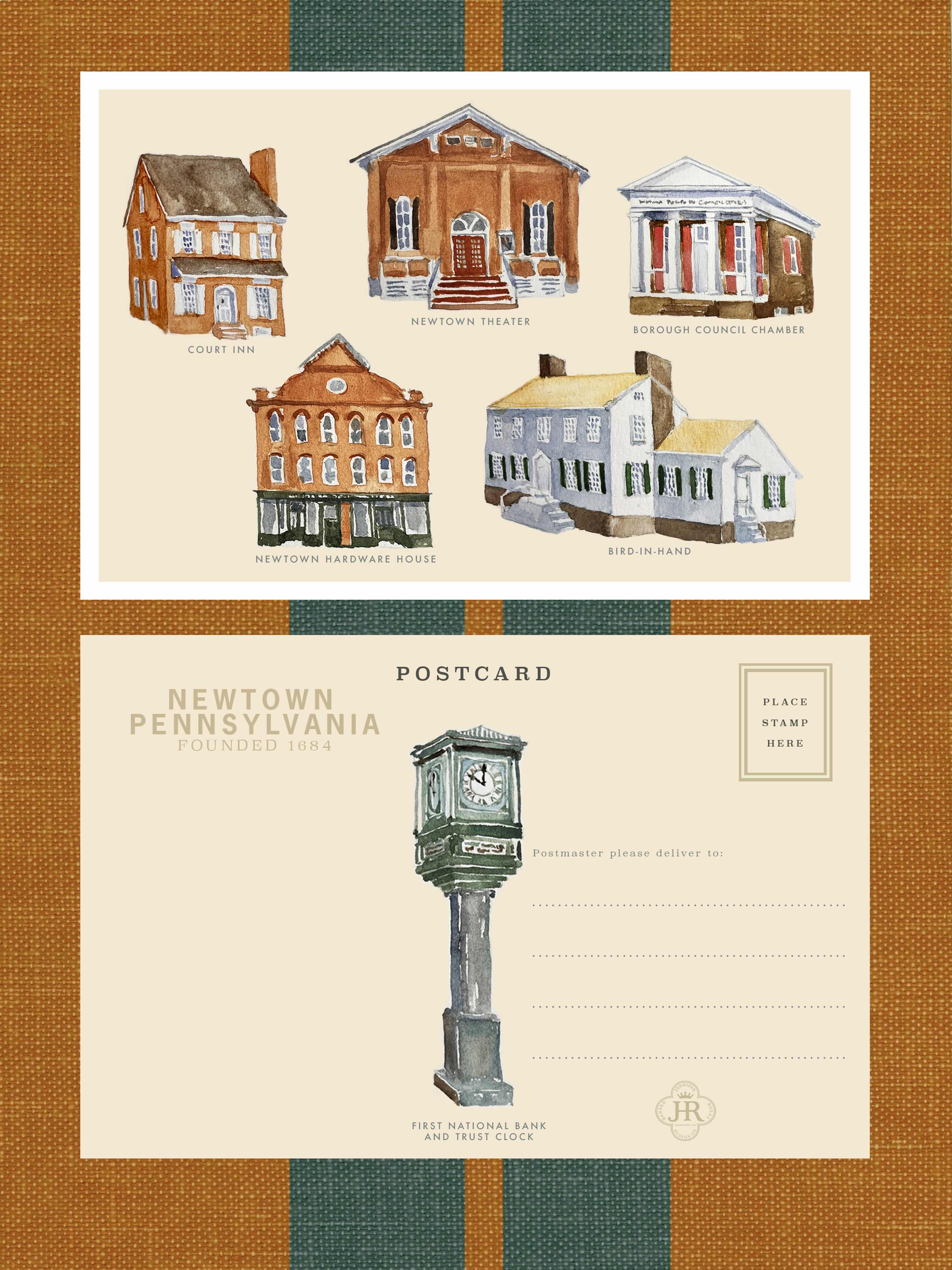 A postcard set featuring watercolor illustrations of Newtown, Pennsylvania buildings and a clock tower, shown front and back on a textured tan background with dark green vertical stripes.