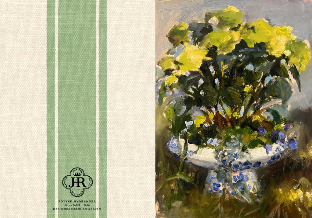 A woven textile panel with a cream background, two vertical sage green stripes, and a black Porter & Bedham logo near the bottom left. The right side shows an impressionistic painting of yellow flowers in a white pot with blue accents.