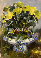 Impressionistic oil painting of a vibrant bouquet of yellow flowers and green leaves arranged in a white ceramic vase with blue floral patterns, set against a soft gray background.