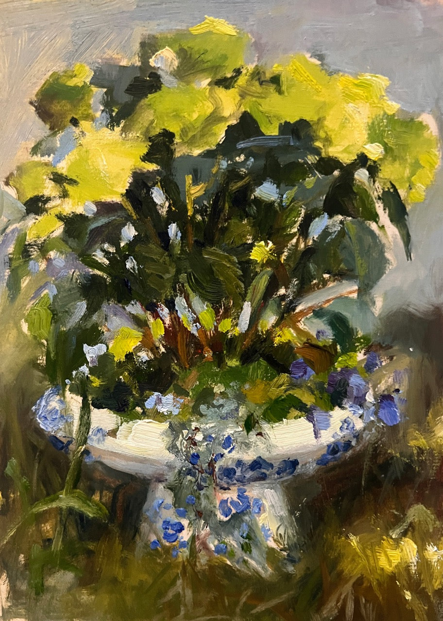 Impressionistic oil painting of a vibrant bouquet of yellow flowers and green leaves arranged in a white ceramic vase with blue floral patterns, set against a soft gray background.