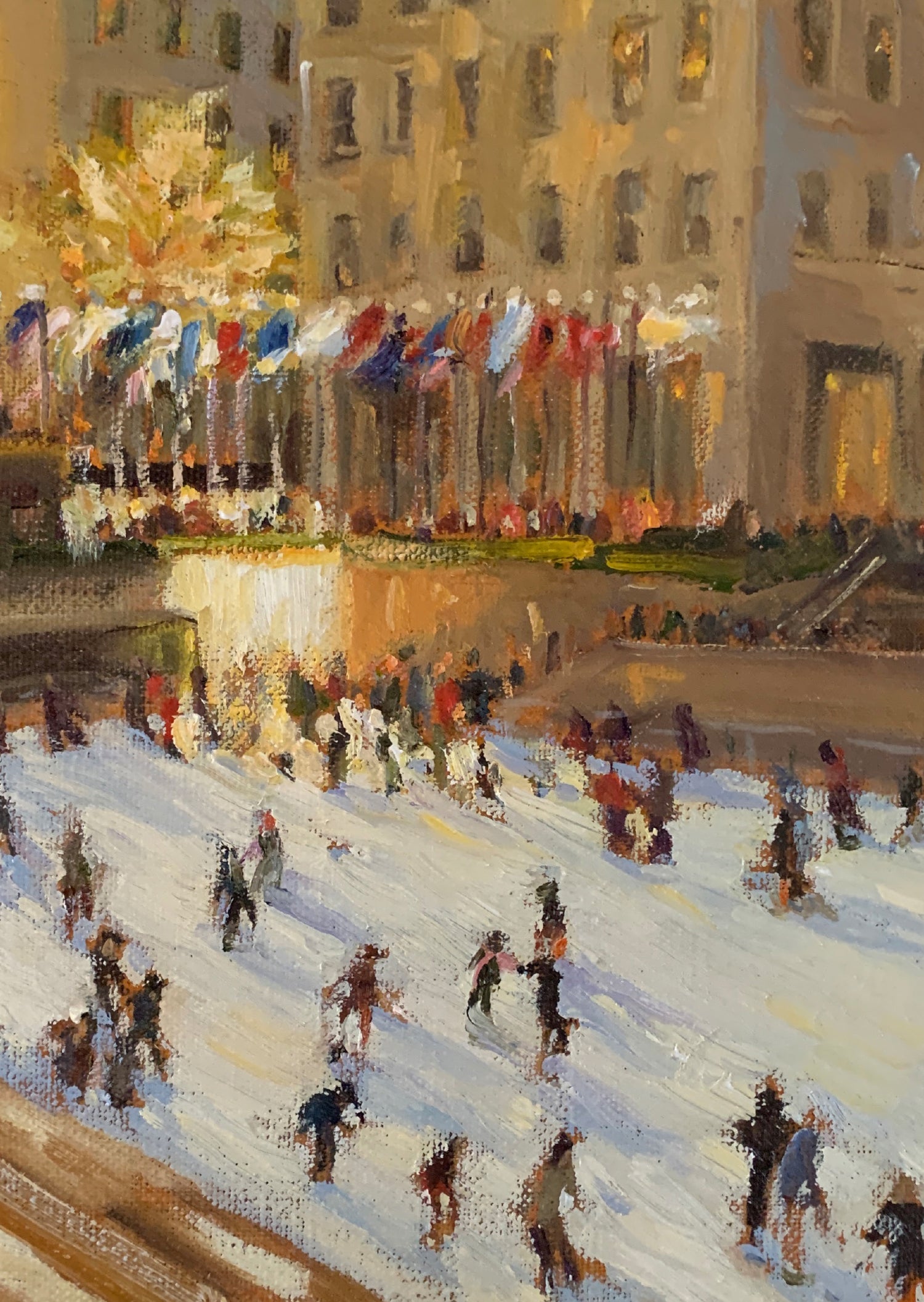 Painting of a snowy city scene with people skating on an outdoor rink.