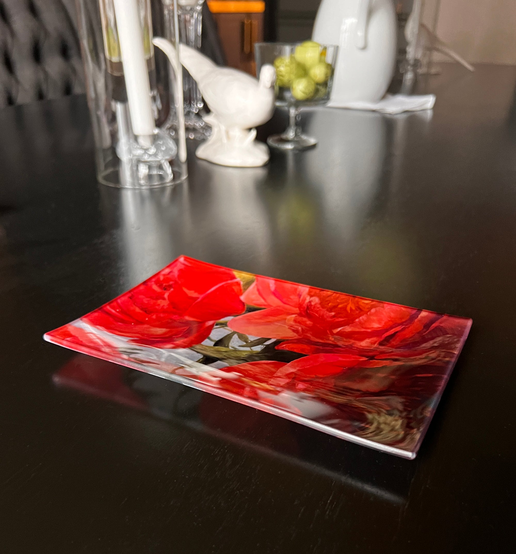 Red Peony Glass Curio Tray