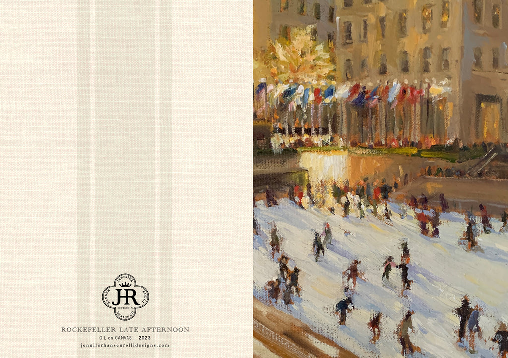 Painting of people skating on an ice rink with a cityscape in the background