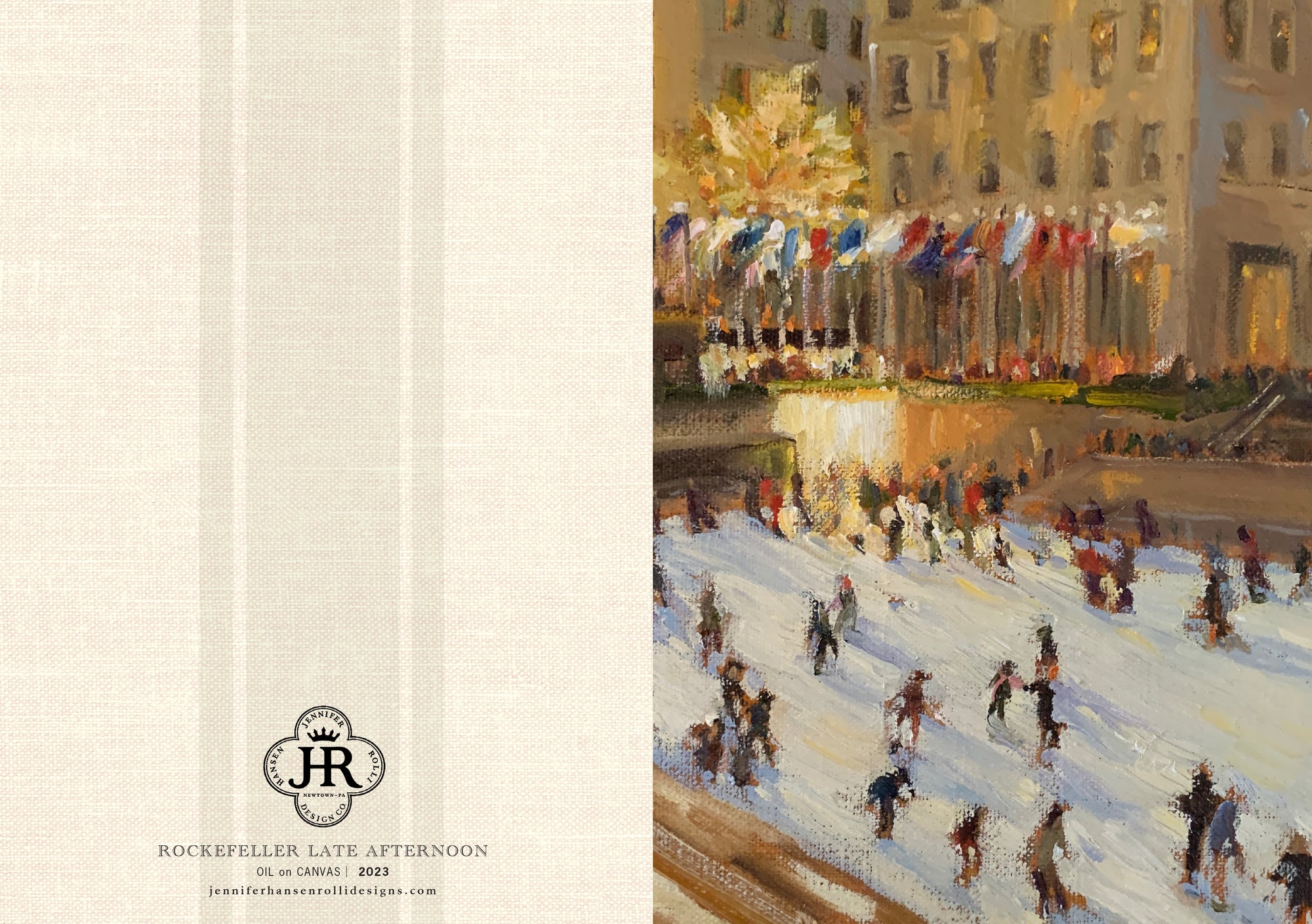 Painting of people skating on an ice rink with a cityscape in the background