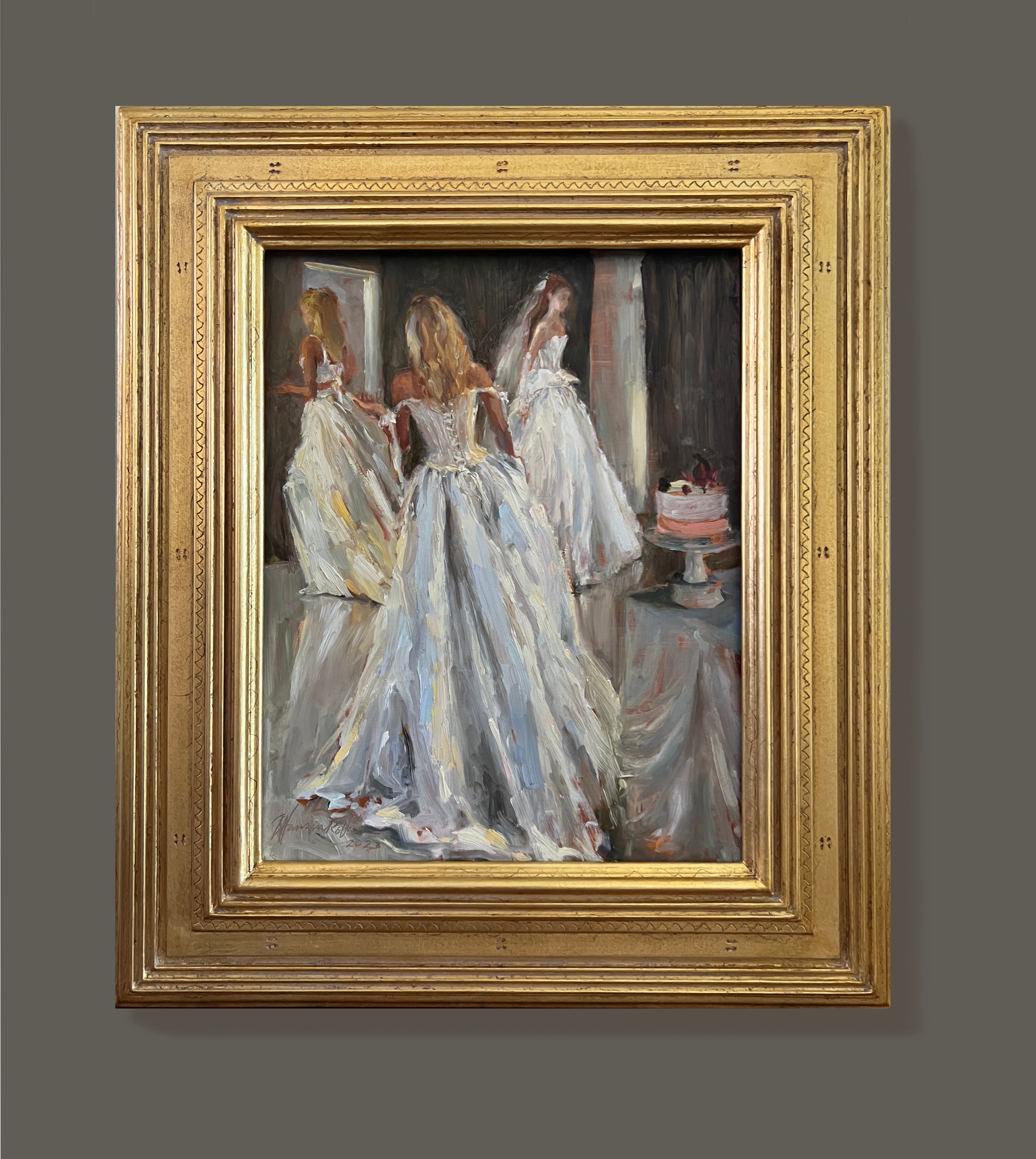 Runway Bride oil painting in gold frame with dark grey background by artist jennifer hansen rolli.