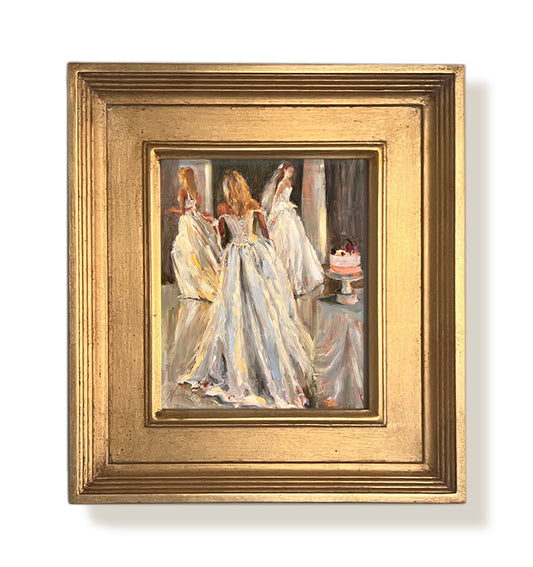 Runway Bride oil painting in gold frame by artist jennifer hansen rolli.