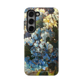 Samsung galaxy S23 phone case featuring a blue hydrangea painting.