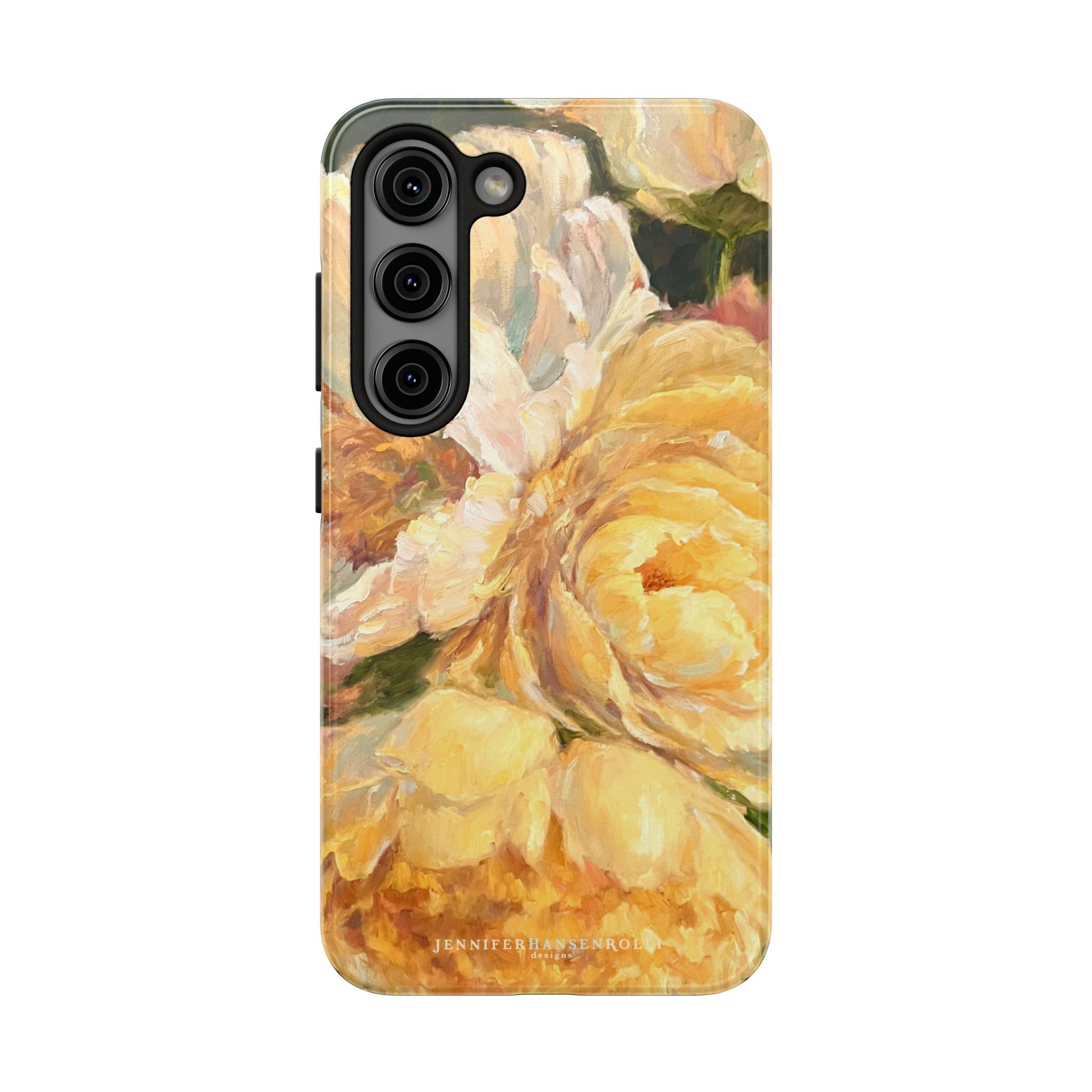 Samsung Galaxy S23 phone case featuring a yellow peony painting by artist Jennifer Hansen Rolli.