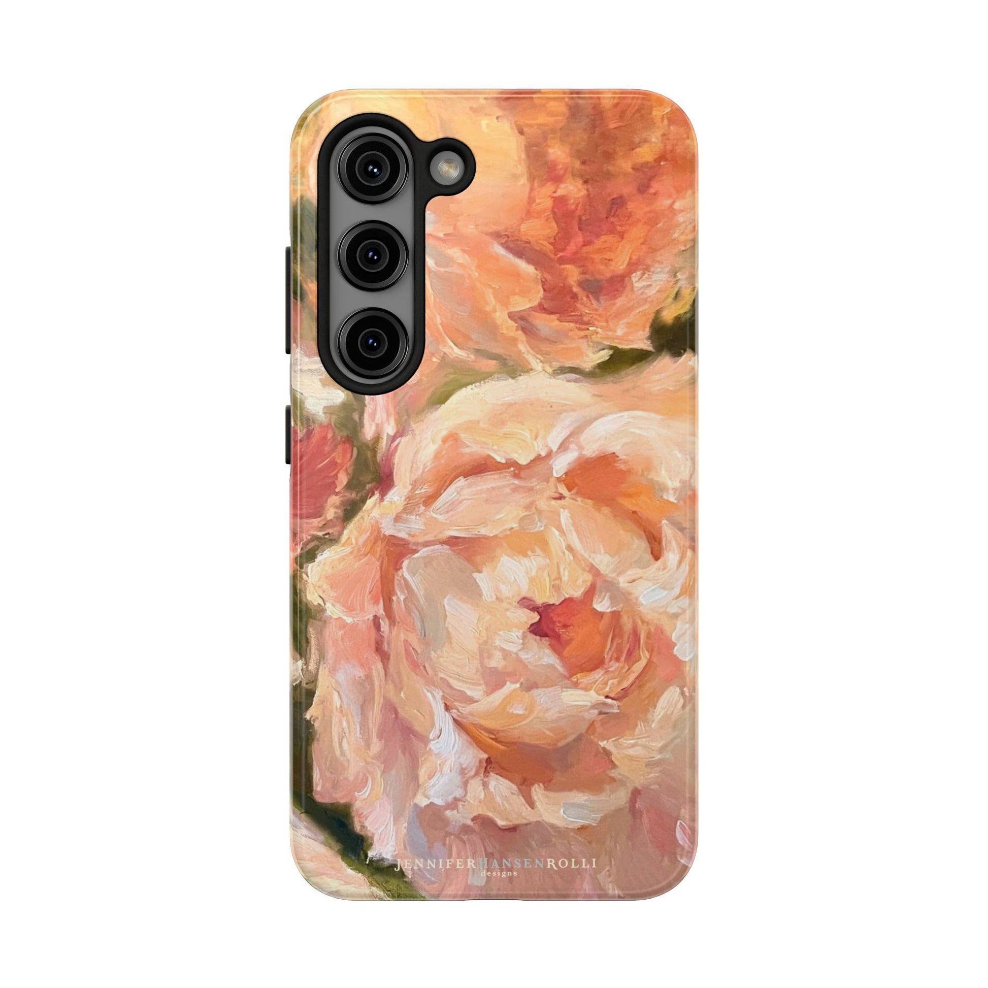 Samsung Galaxy S23 case featuring a pink peony painting by artist Jennifer Hansen Rolli.
