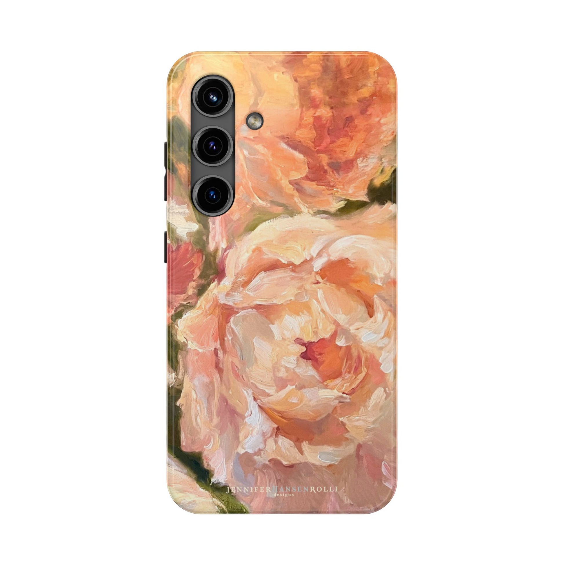 Samsung Galaxy S24 case featuring a pink peony painting by artist Jennifer Hansen Rolli.
