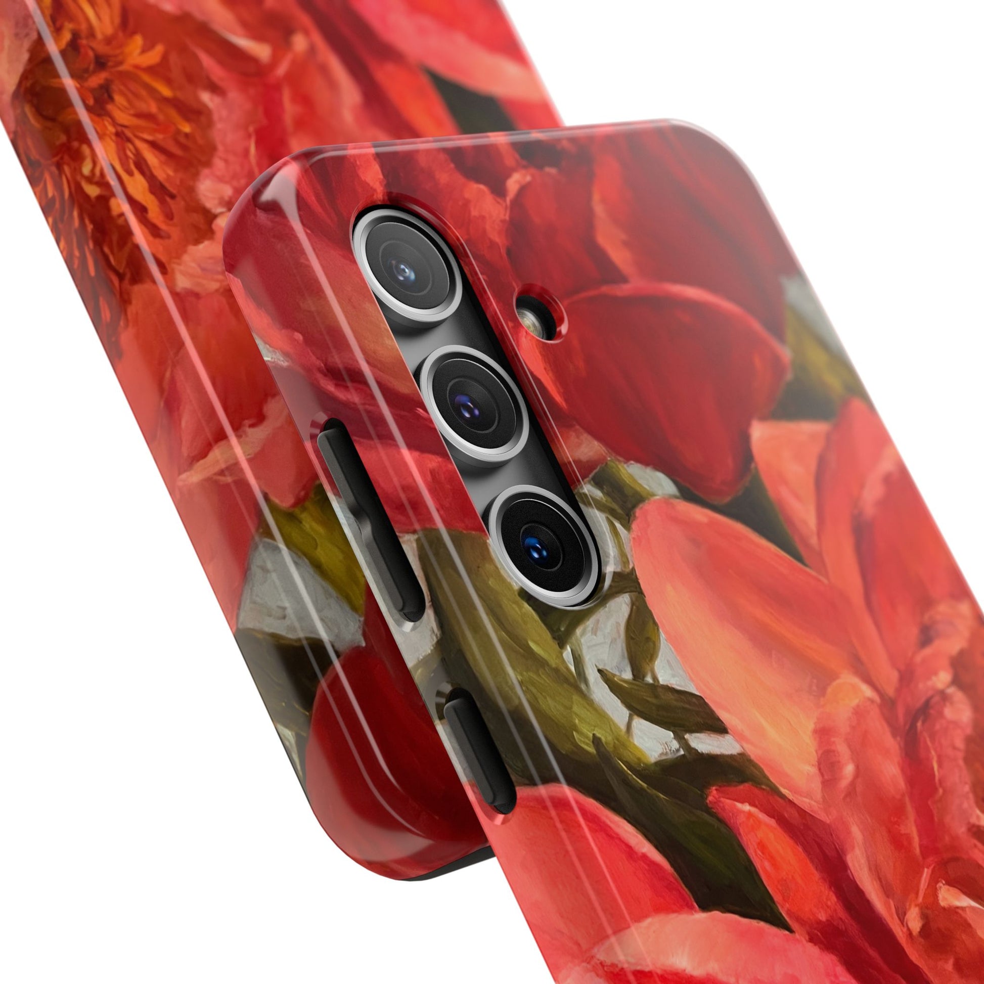 Samsung Galaxy S24 phone case camera details featuring a red peony painting by artist Jennifer Hansen Rolli.