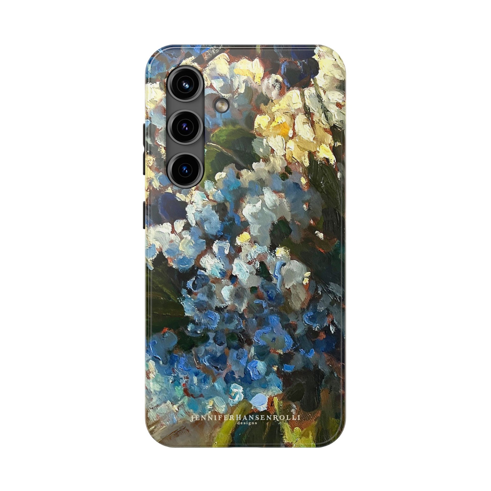 Samsung galaxy S24 phone case featuring a blue hydrangea painting.