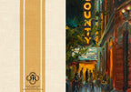 A fabric art print or textile panel featuring a split design: the left side has a cream linen-textured background with two vertical tan stripes and a circular 'State Variety EGG' logo near the bottom, while the right side shows an impressionistic painting of a city street at night with warm yellow signage and red-brown buildings.