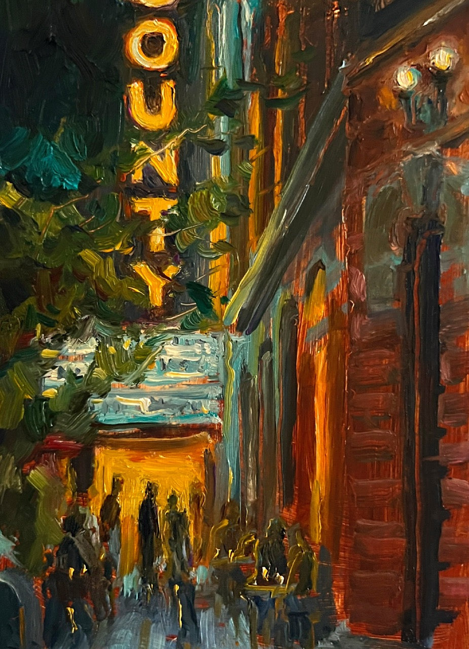 An impressionistic painting of a nighttime street scene with a glowing vertical 'COUNTY' sign, warm orange and yellow lights, dark green foliage, and silhouetted figures walking beside a brick building.