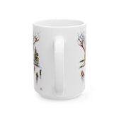 A ceramic mug handle details featuring the winter skaters painting by Jennifer Hansen Rolli.