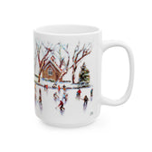 A white ceramic mug featuring the winter skaters painting by Jennifer Hansen Rolli.