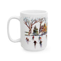 A ceramic mug side view featuring the winter skaters painting by Jennifer Hansen Rolli.