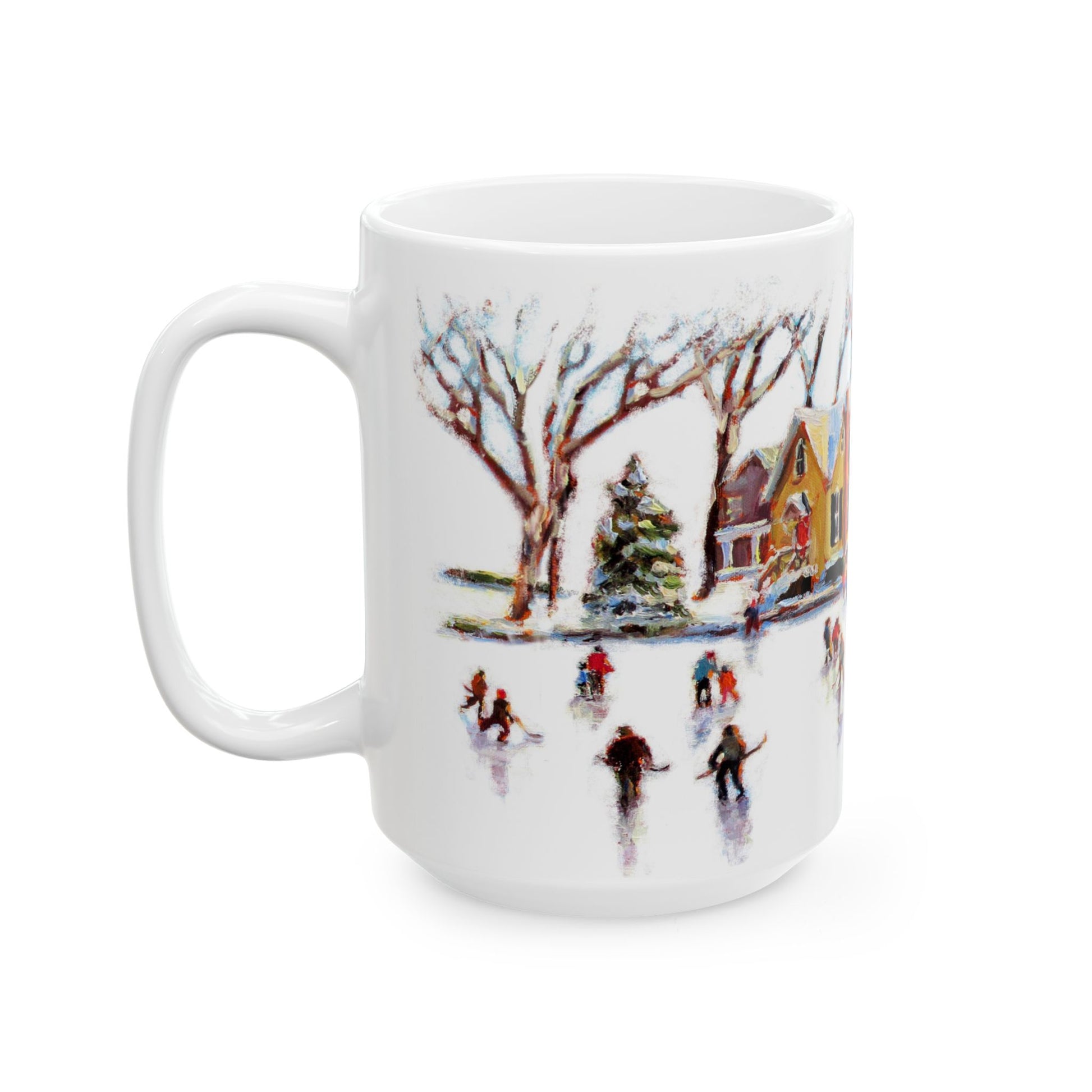 A ceramic mug side view featuring the winter skaters painting by Jennifer Hansen Rolli.