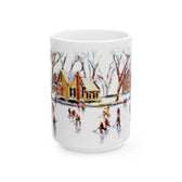 A ceramic mug featuring the winter skaters painting by Jennifer Hansen Rolli.