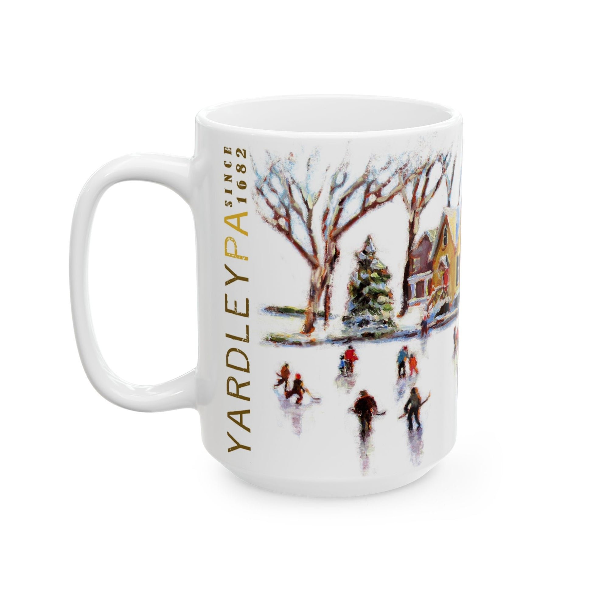 Yardley PA Skaters Mug featuring a winter oil painting by artist jennifer hansen rolli.