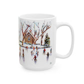 Yardley PA Skaters Mug featuring a winter oil painting scene by artist jennifer hansen rolli.