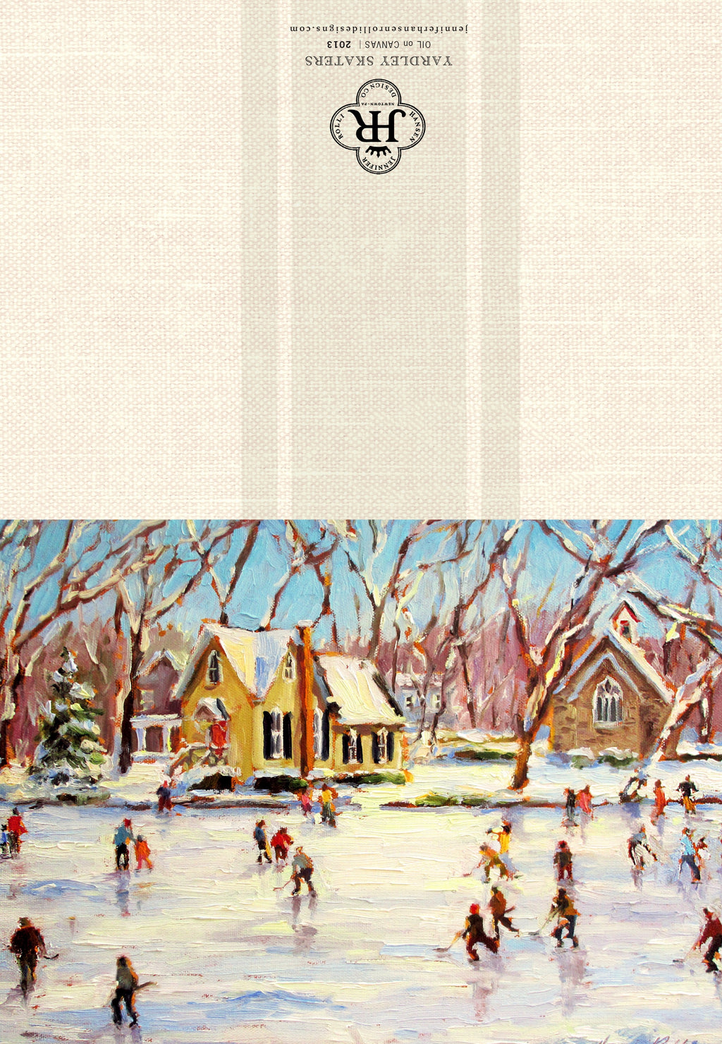 Winter scene with houses and people on a snowy street, featuring a brand logo on the left.