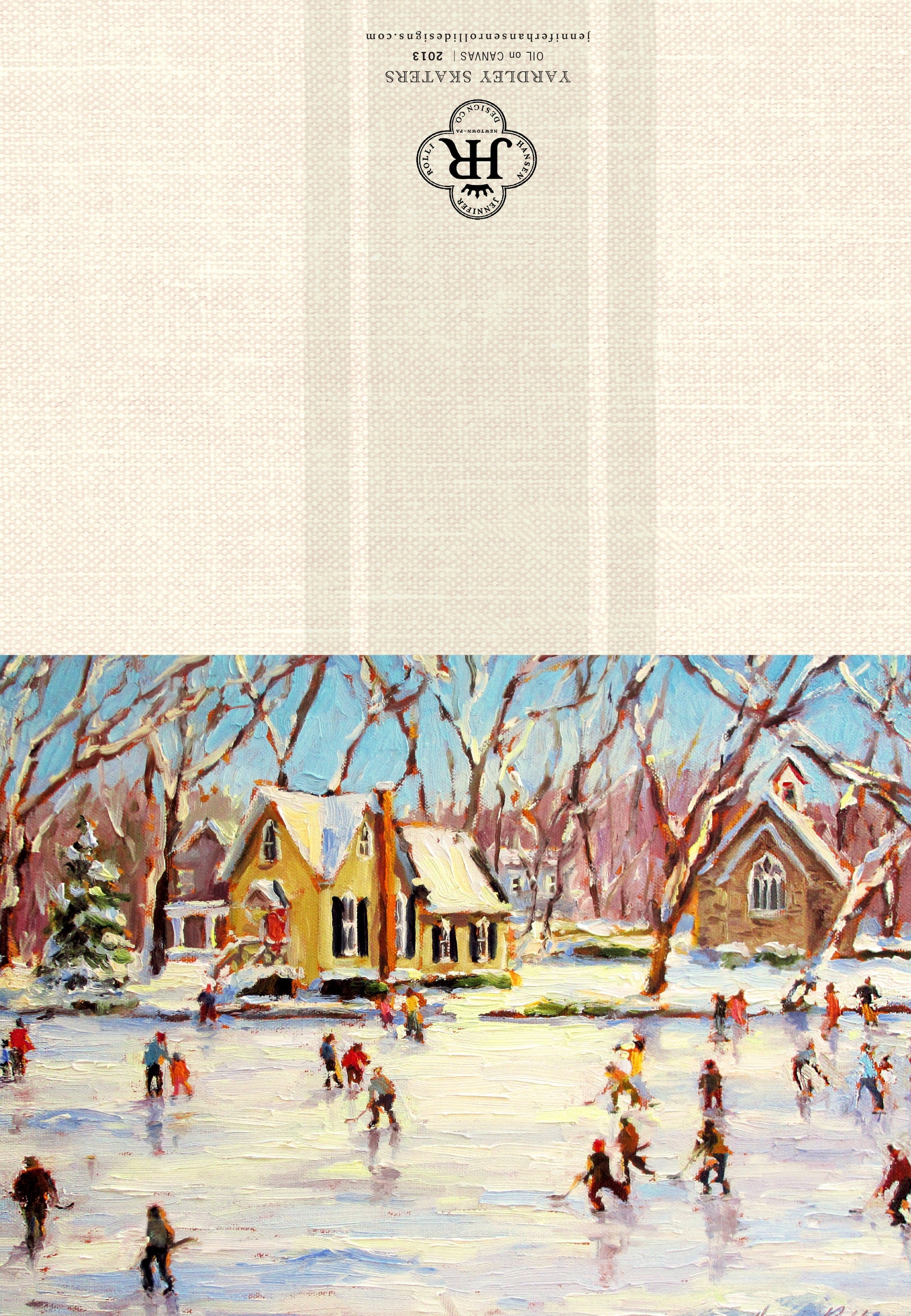 Winter scene with houses and people on a snowy street, featuring a brand logo on the left.