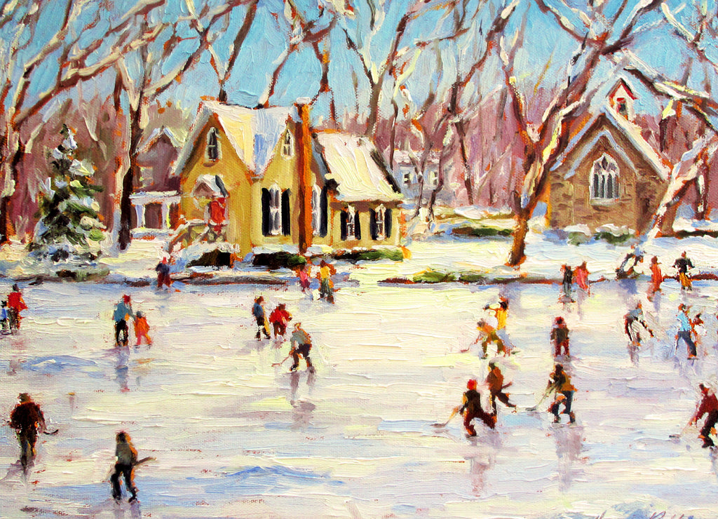 Painting of people skating on a frozen lake with a snowy village in the background