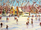 Painting of people skating on a frozen lake with a snowy village in the background