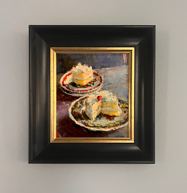 Yellow cake framed oil painting by artist Jennifer Hansen Rolli.