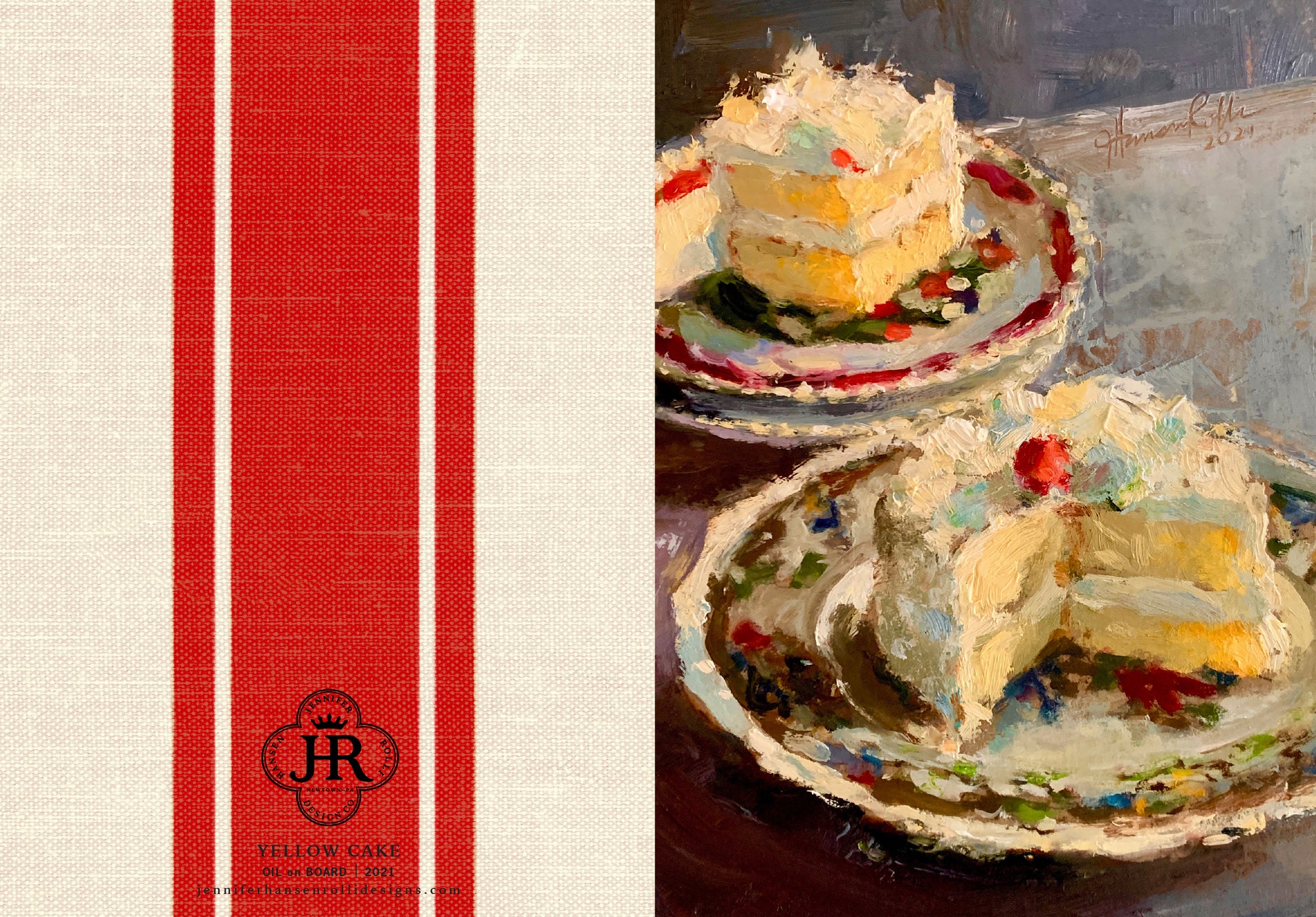 Painting of a layered cake with a slice taken out with a striped background.