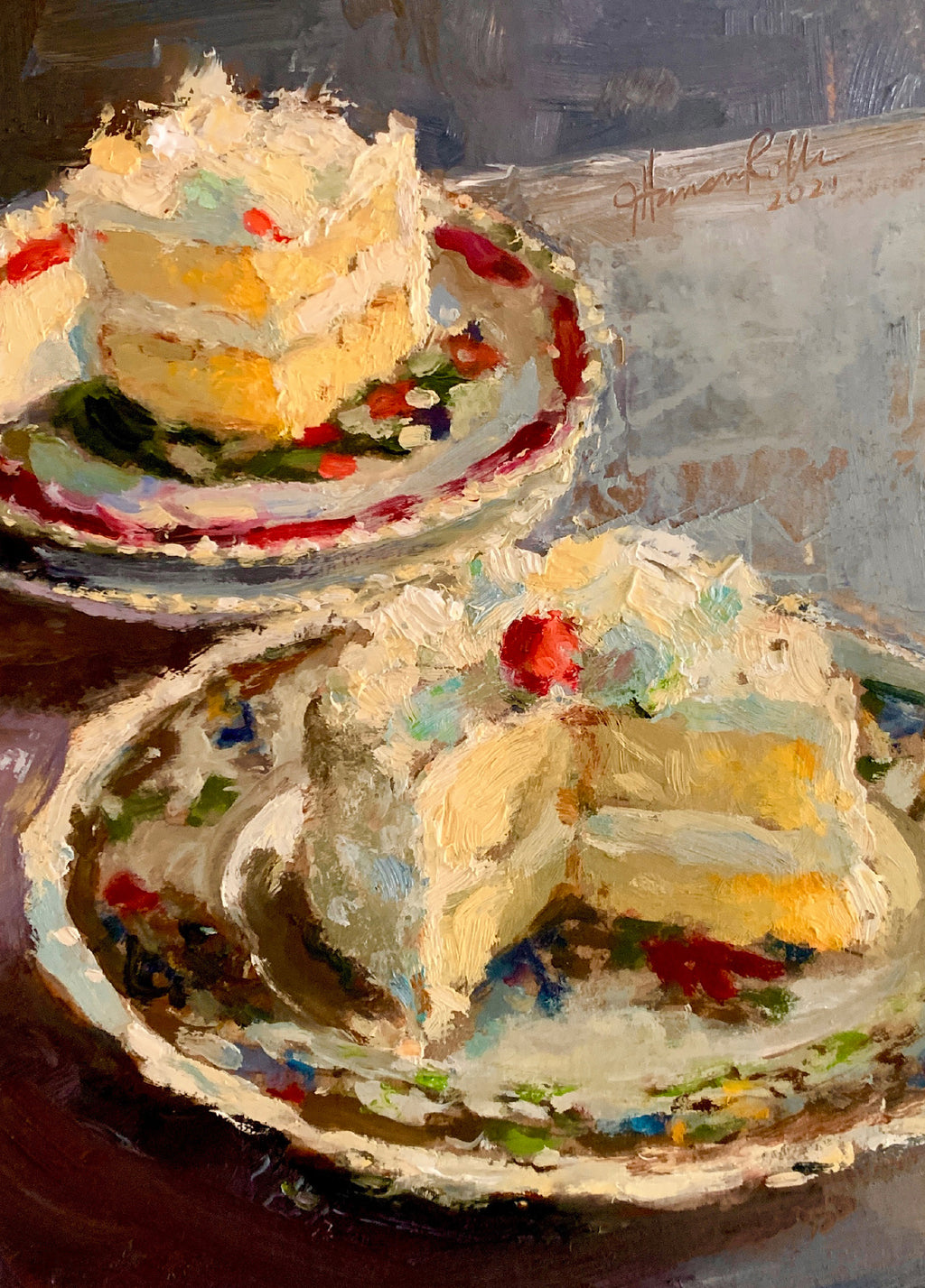 Painting of a layered cake with a slice cut out on a plate.