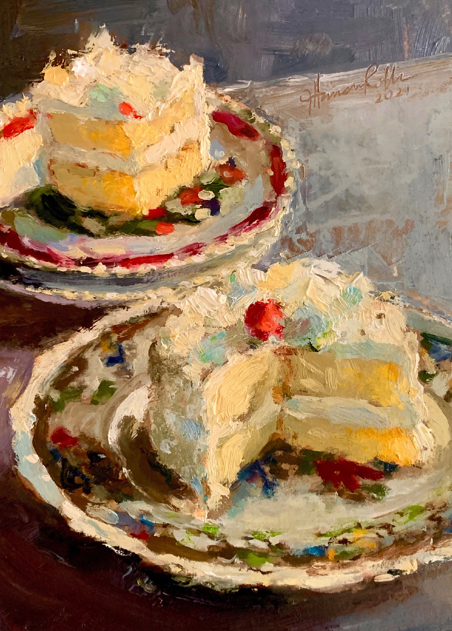 Painting of a layered cake with a slice cut out on a plate.