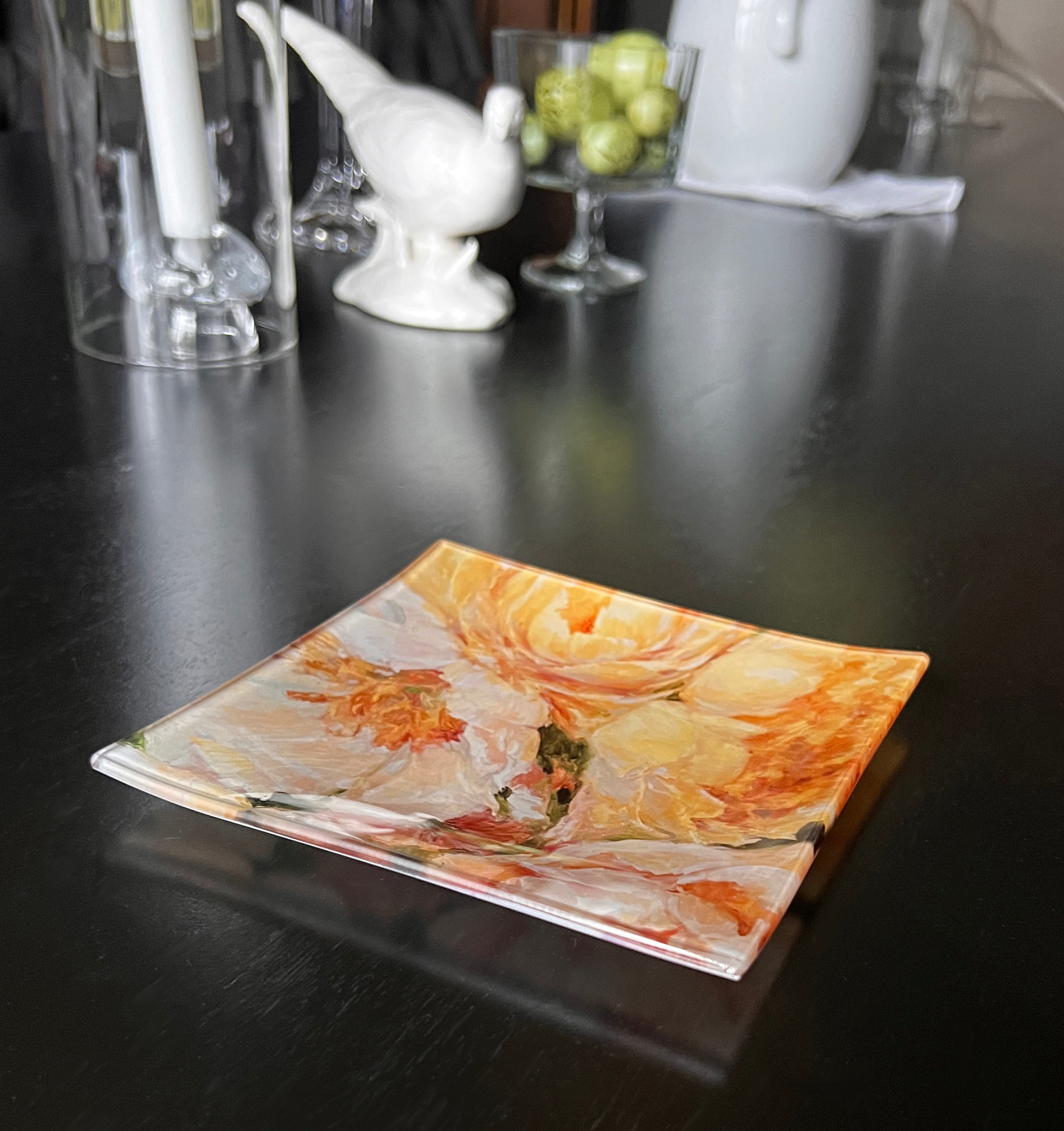 Yellow Peony Glass Curio Tray