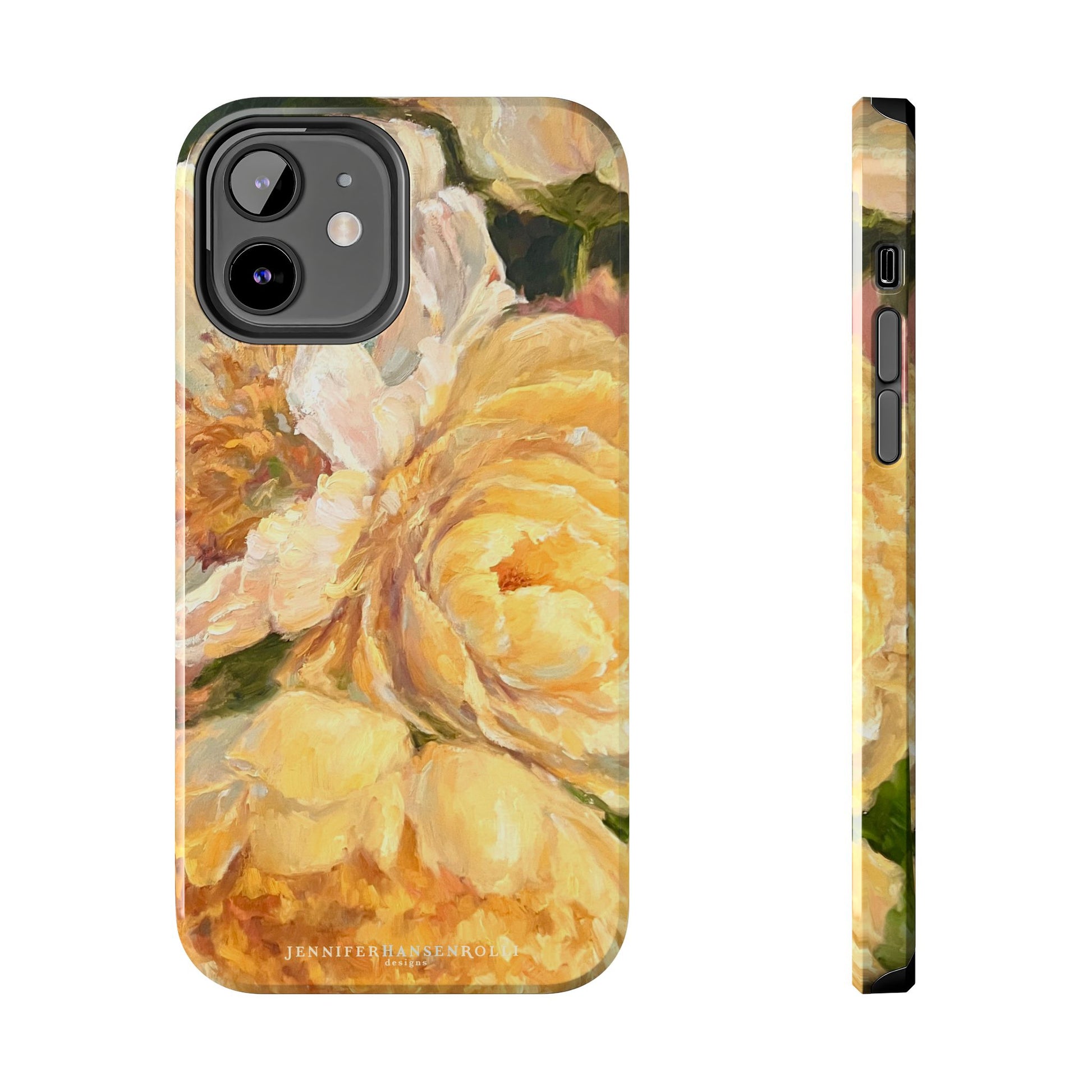 iPhone 12 phone case featuring a yellow peony painting by artist Jennifer Hansen Rolli.