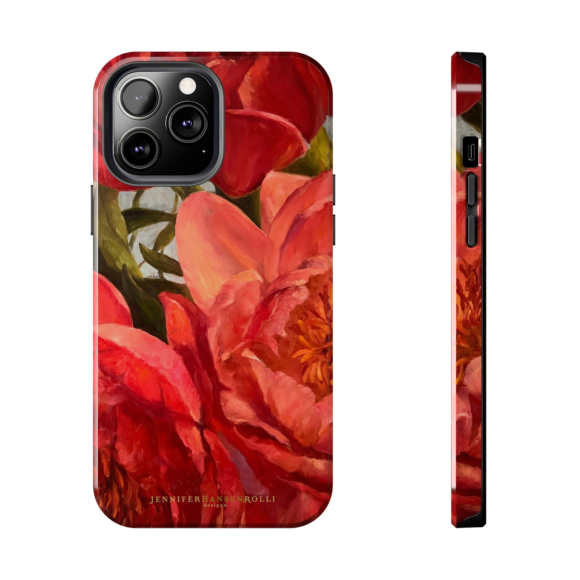 iPhone 13 Pro Max phone case featuring a red peony painting by artist Jennifer Hansen Rolli.
