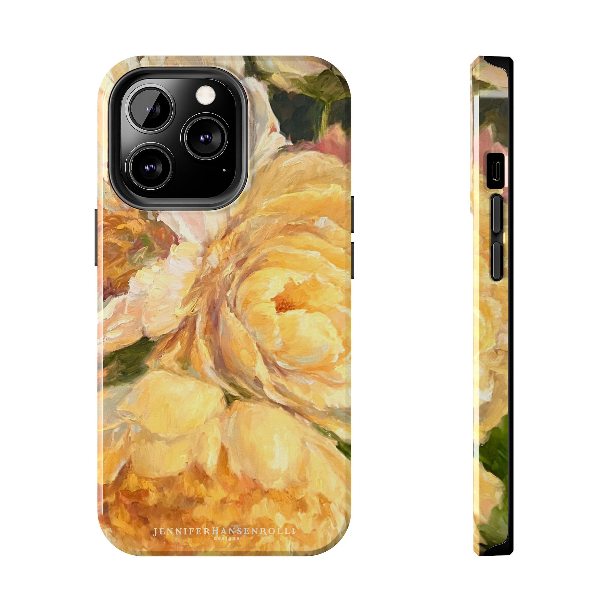 iPhone 13 pro phone case featuring a yellow peony painting by artist Jennifer Hansen Rolli.
