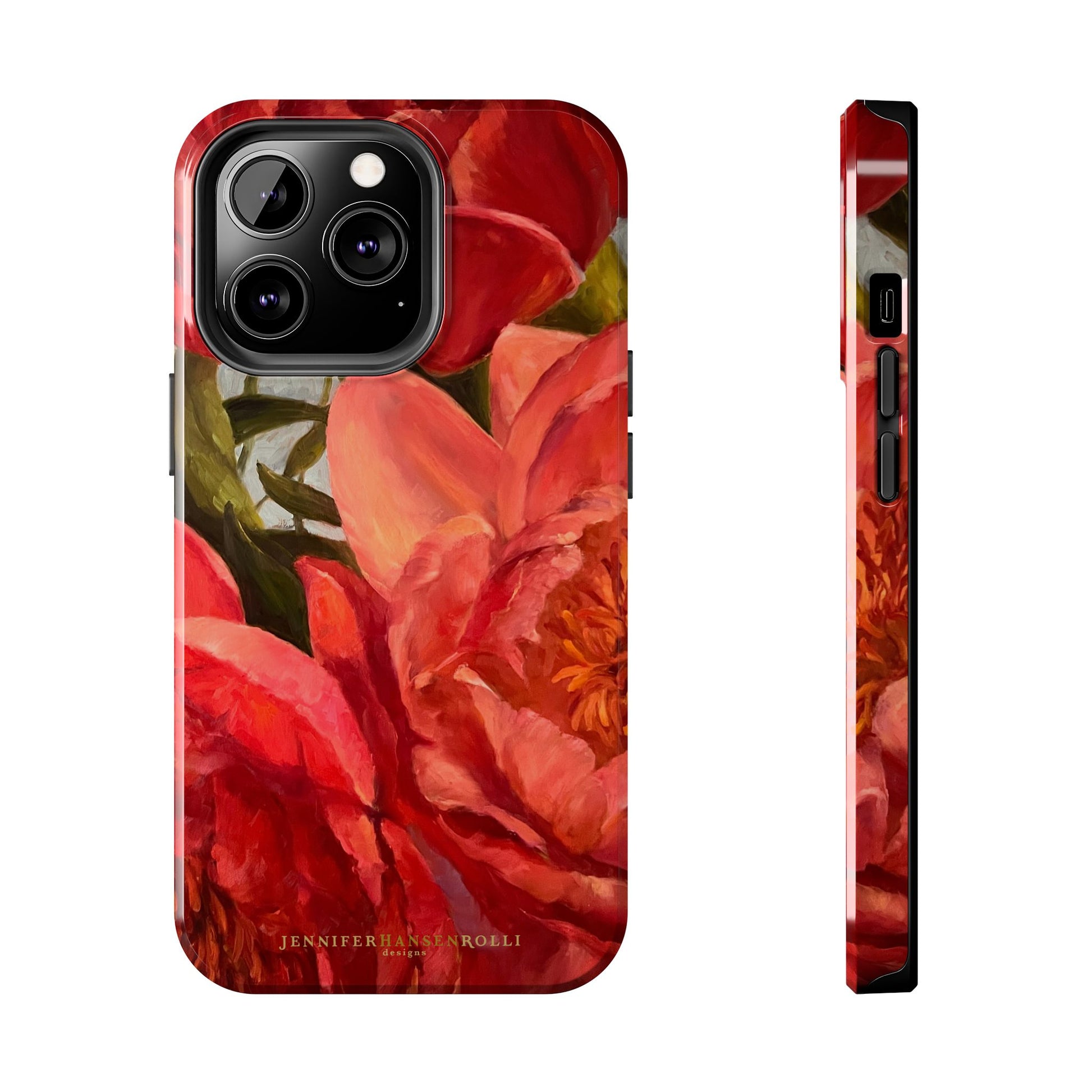 iPhone 13 Pro phone case featuring a red peony painting by artist Jennifer Hansen Rolli.