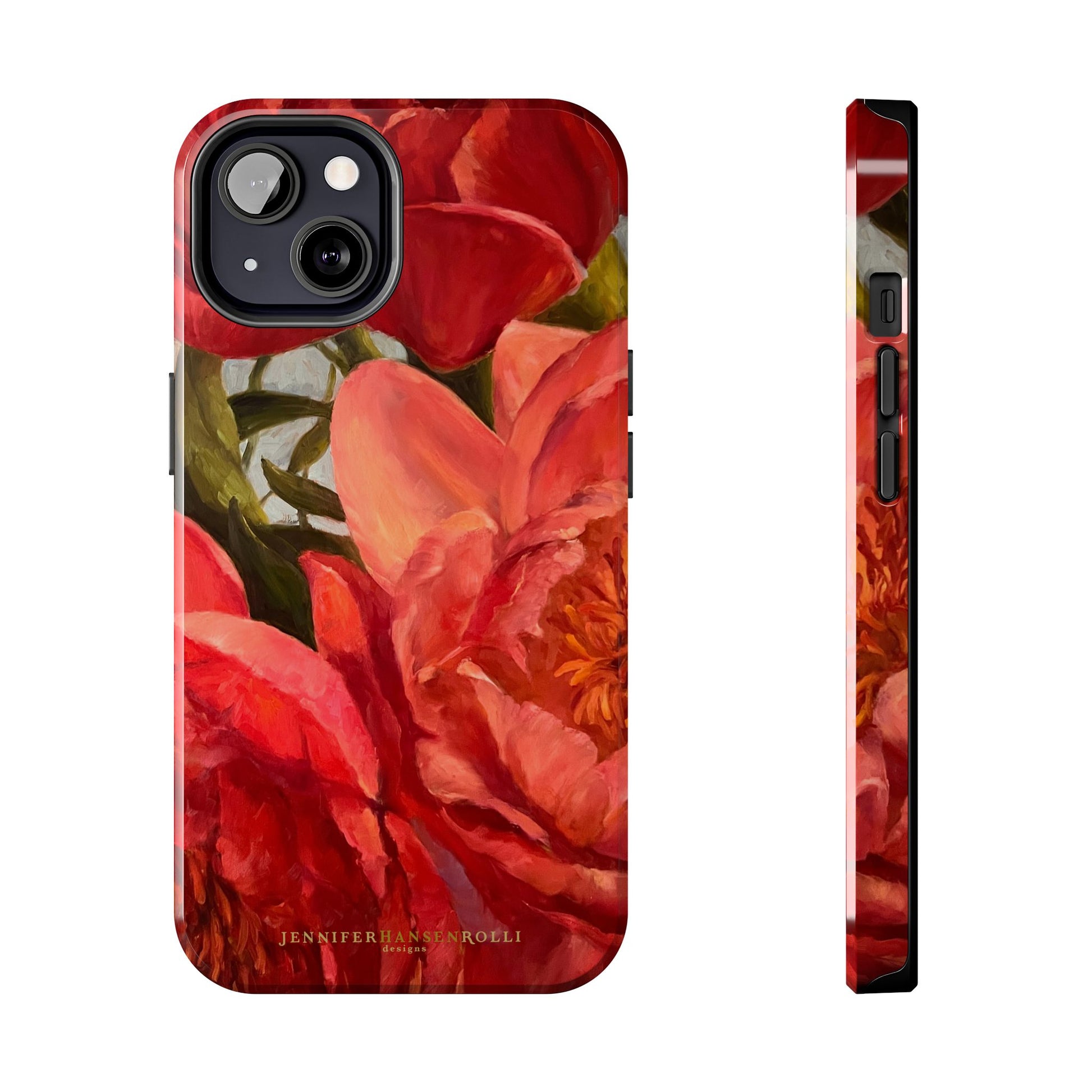 iPhone 13 phone case featuring a red peony painting by artist Jennifer Hansen Rolli.