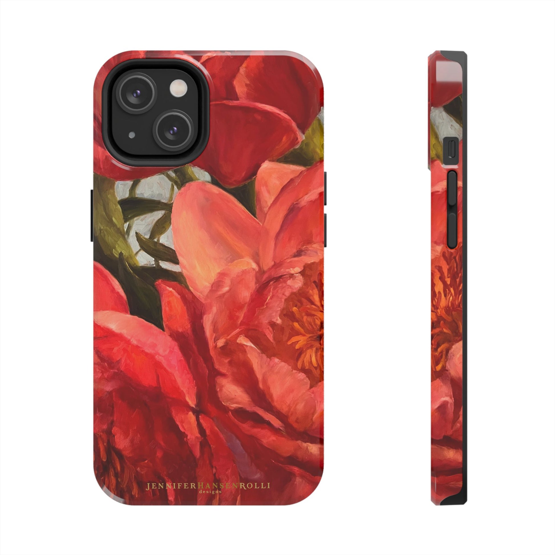 iPhone 14 plus phone case featuring a red peony painting by artist Jennifer Hansen Rolli.